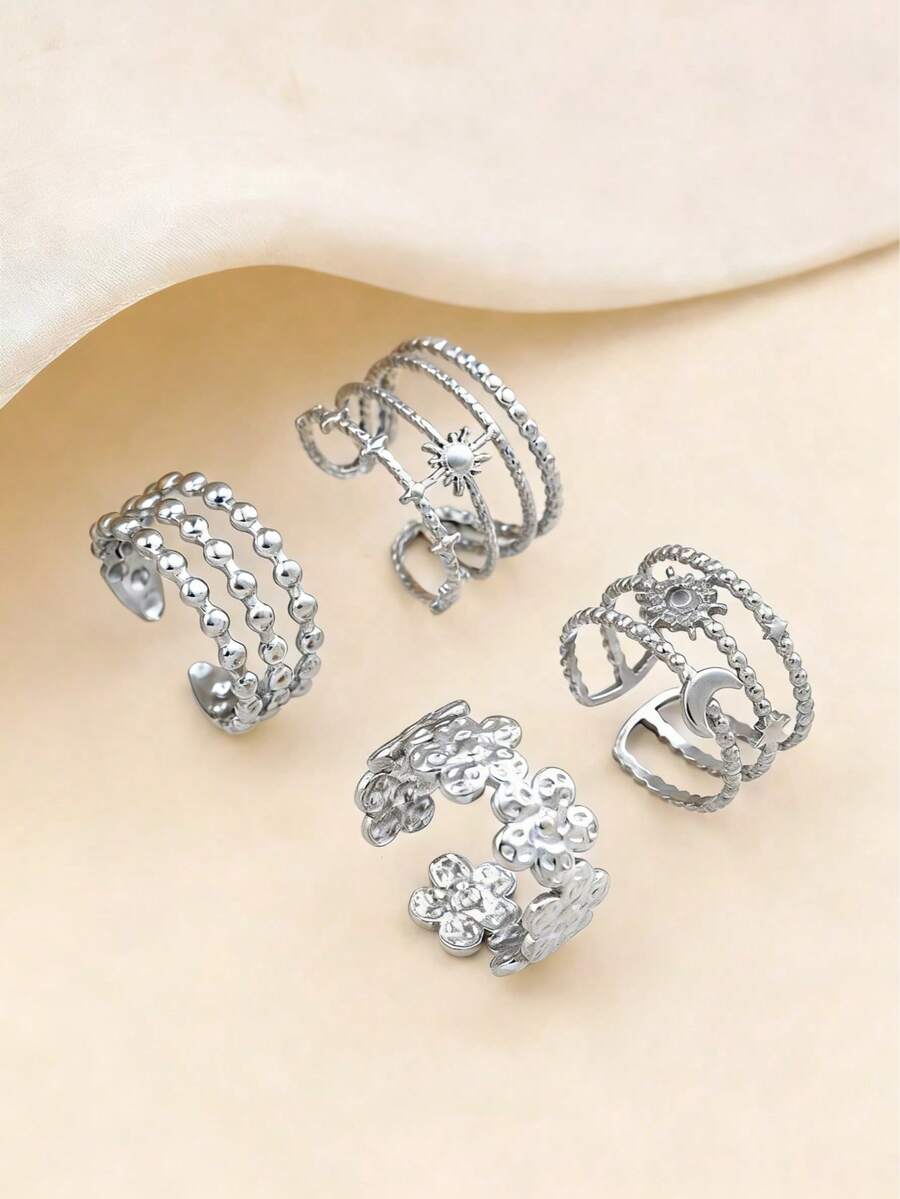 4枚/套不锈钢银色可调节戒指，饰有花朵、星星和月亮图案，4种不同款式，适合日常佩戴或作为情人节、母亲节礼物。 - 銀色 - 查看 1