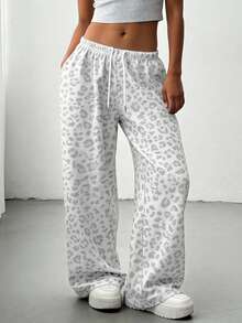 女士休闲灰色豹纹高腰抽绳宽松阔腿裤，都市街头风，适合春夏日常及旅行穿着 - 灰色 - 查看 8