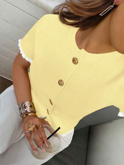 Women's Summer Button Ear Design Edge Cream Yellow Knit Top, Elegant Casual Plus Size Short Sleeve Knit Blouse Suitable For Dates And Daily Wear