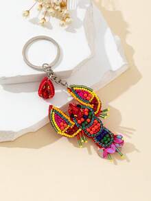 1pc Handmade Rice Bead & Rhinestone Lobster Shaped Decorative Charm For Women Handbag Beach Essentials Purse Charm Purse - Red - View 6