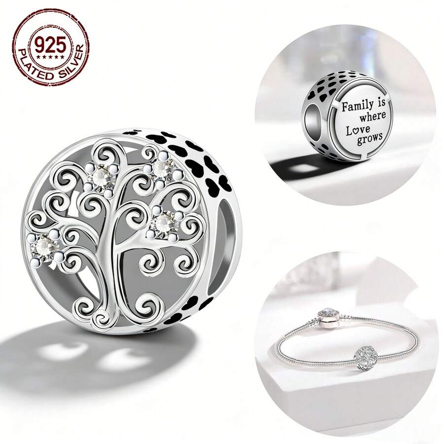 1pc S925 Silver Plated Copper Life Tree Bead Pendant, Couples/Best Friends Matching, Romantic Gift For Valentine's Day, Anniversary, Birthday, Versatile Daily Wear - Mixed Colors - View 1