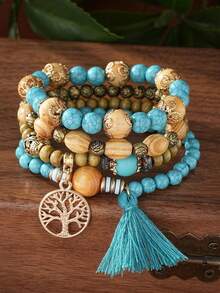 4pcs/Set Bohemian Style Tassel Tree Of Life Pendant Multilayer Beaded Bracelet - Peacock Blue - View 4