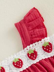 Baby Girls Romper, Fly Sleeve Strawberry Infant Bodysuit Summer Clothes For Casual Daily - 紅色 - 查看 6