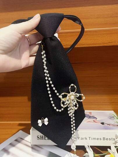 ربطة عنق من البوليستر اللامع للنساء، ربطة عنق فرنسية عتيقة أنيقة مزينة باللؤلؤ والدانتيل، تصميم فريد مزين بالراين ستون، مناسبة للبدلات والحفلات والمناسبات