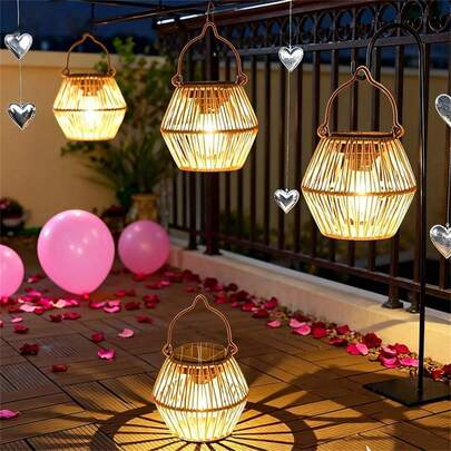 2pcs Solar Powered Rattan Bird Cage Pendant Lights, Warm Lighting Rattan Lanterns, Suitable For Hanging Or Placing, Applicable For Garden, Valentine's Day, New Year Atmosphere Lighting, Pendant Lamp
