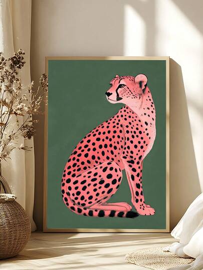 1pc Pink Cheetah On Green Art Print, Emerald Green Modern Art, Animal Art Print, Contemporary Art For Maximalist Style Home, Dark Green Wall Art, The Ideal Gift For Friends, Bedroom Art Print, Living Room Decor, Office Decor, Kitchen Decor, Bathroom Decor, Wall Arts, Wall Decor, Home Decor, Room Decor, Canvas Wall Art, Posters, Wall Art With Frame, Optional Frame ﻿ ﻿