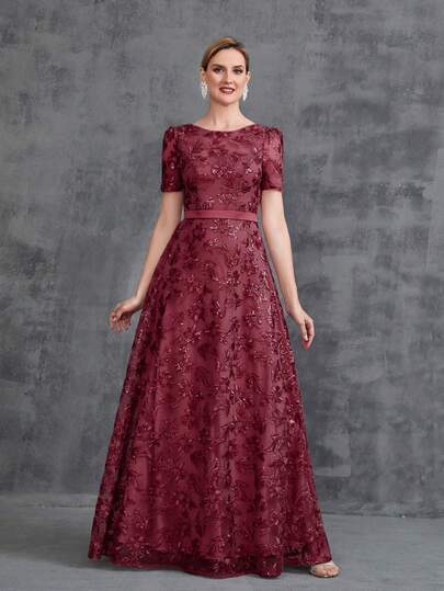 Faeriesty Elegante abito a-line color borgogna, con ricami di perle e dettagli in paillettes, scollo tondo, maniche corte, cintura in vita. Adatto per invitati a matrimoni, cene formali, gala, feste in giardino.