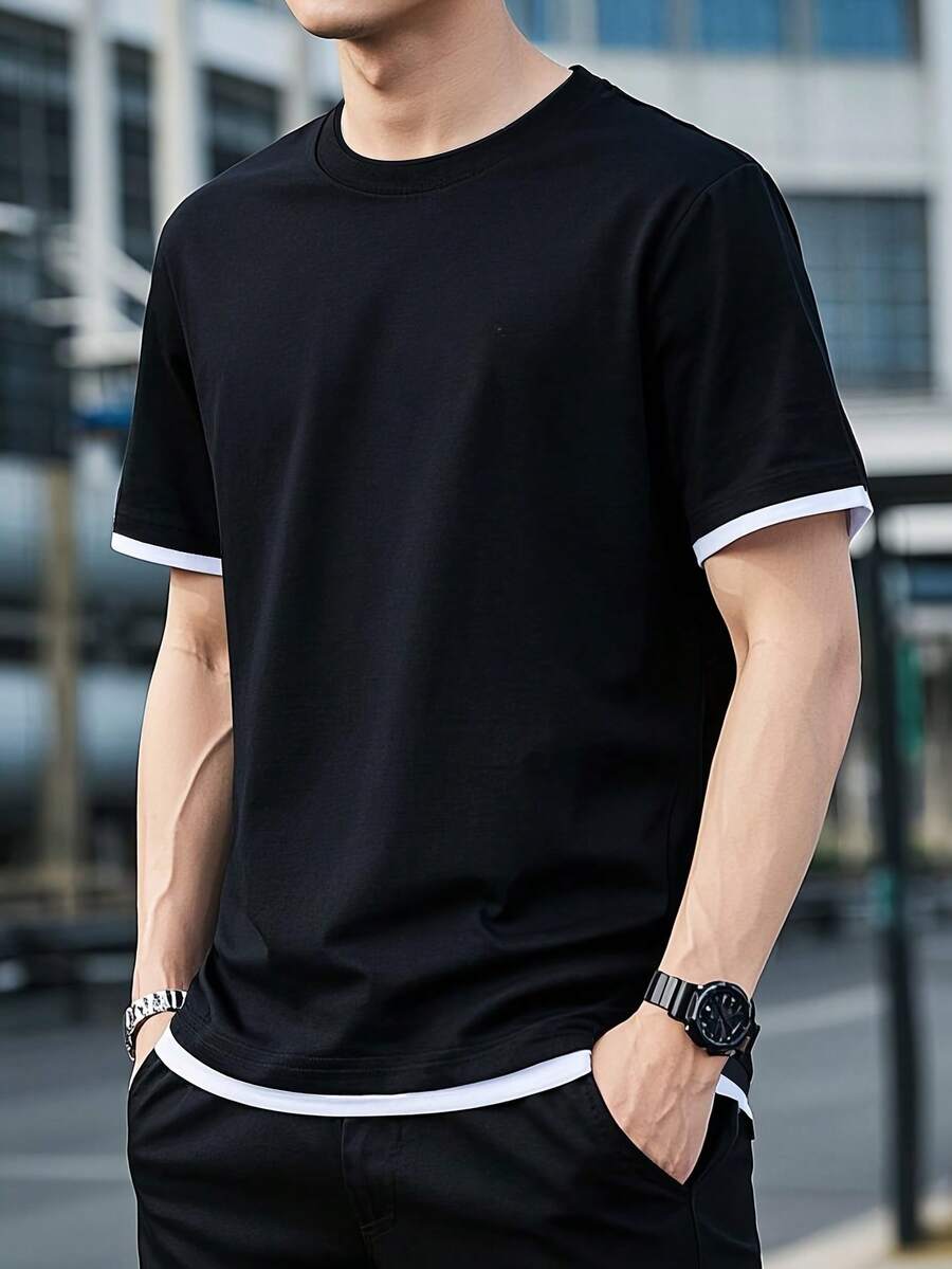 Camiseta de manga corta de cuello redondo clásica 2 en 1 para hombres GRDR, moda minimalista versátil para ir al trabajo - Negro - Ver 1