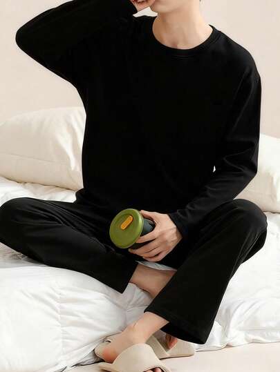  [AICJ スリープウェア] メンズカジュアルルーズ無地クルーネックパジャマセット2点、ハロウィン、バレンタインデー、新年のギフトに最適