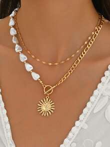 2pcs/Set Fashion Heart-Shaped Faux Pearl Necklace, Punk Style Thick Chain Sun Pendant Necklace Set, Suitable For Daily Wear, Street Photography, Dating - Gold - View 1