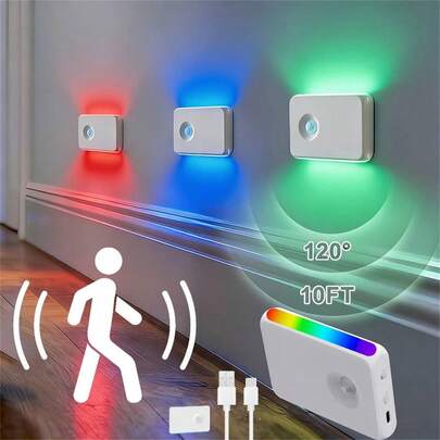 1个/2个/4个 RGBW 感应楼梯灯，智能 LED 感应电池供电夜灯，粘性衣柜室内灯，适用于台阶柜、走廊、浴室、楼梯（300mAh）