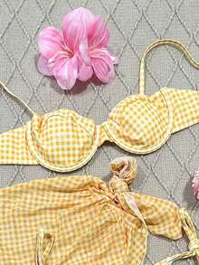 女士春夏新款格子性感休闲优雅比基尼泳衣套装，含沙滩度假派对配套罩衫和半身裙 - 彩色 - 查看 4