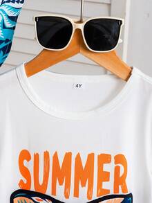 3pcs/Set Young Boy Tropical Plant Print Short Sleeve Round Neck T-Shirt And Shorts + Hat Outfit, Casual Summer Daily Vacation Wear - Multicolor - View 3
