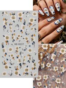 2片装春夏花卉浮雕美甲贴纸 - 复古水彩花卉、百合、芙蓉花，适用于复活节、婚礼、日常、节日等场合，简约奢华主题，易于粘贴的美甲贴纸 - 彩色 - 查看 3