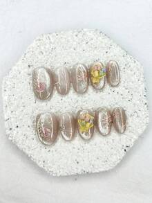 10pcs Handmade Delicate Flower Pressed Nail Stickers, Pink Soft Floral Bouquet Fake Nails, Removable Reusable Nail Art Supplies (1 Jelly Sticker + 1 Nail File) - Pink - View 3