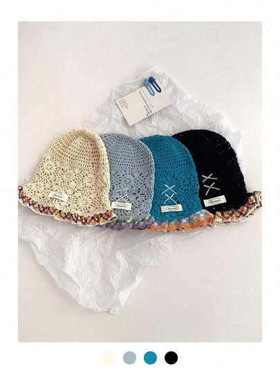 Mixed Fiber Lace Trim Bohemian Style Spring/Summer Knitted Bucket Hat, Versatile Atmosphere-Creating Face-Flattering Yarn Hat, Tie-Dye Boho Party Elegant Vintage Street Chic Regal Knitted Bucket Hat