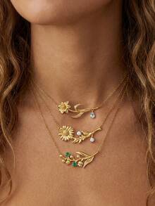 1件套优雅12个月生日花项链，925纯银镶嵌立方氧化锆，女士项链，生日礼物 - 金色 - 查看 3