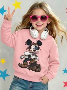 Disney Pirate Mickey Mouse Treasure Chest Caribbean Adventure Sketch Comfortable Print Young Girls' Long Sleeve Sweatshirt, Suitable For Autumn/Winter, Lightweight And Cozy, Great For Layering In Fall, Fashionable Casual Wear, Graphic Design, Back To School Season, Autumn, Back To School Party, Suitable For Outdoor Picnic, Street Photography, Home, Campus, Holidays, New Year Gift - Pink - View 2