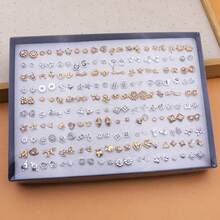 100 Pairs Assorted Gold & Silver Color Plastic Stud Earrings Set With Rhinestones, Fashionable Versatile Earring Jewelry Set With Box - Gold, Silver and White Diamonds In a Gift Box - View 2