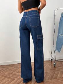 Women's Casual Flap Pocket Straight Leg Jeans, Autumn - Navy Blue - View 3