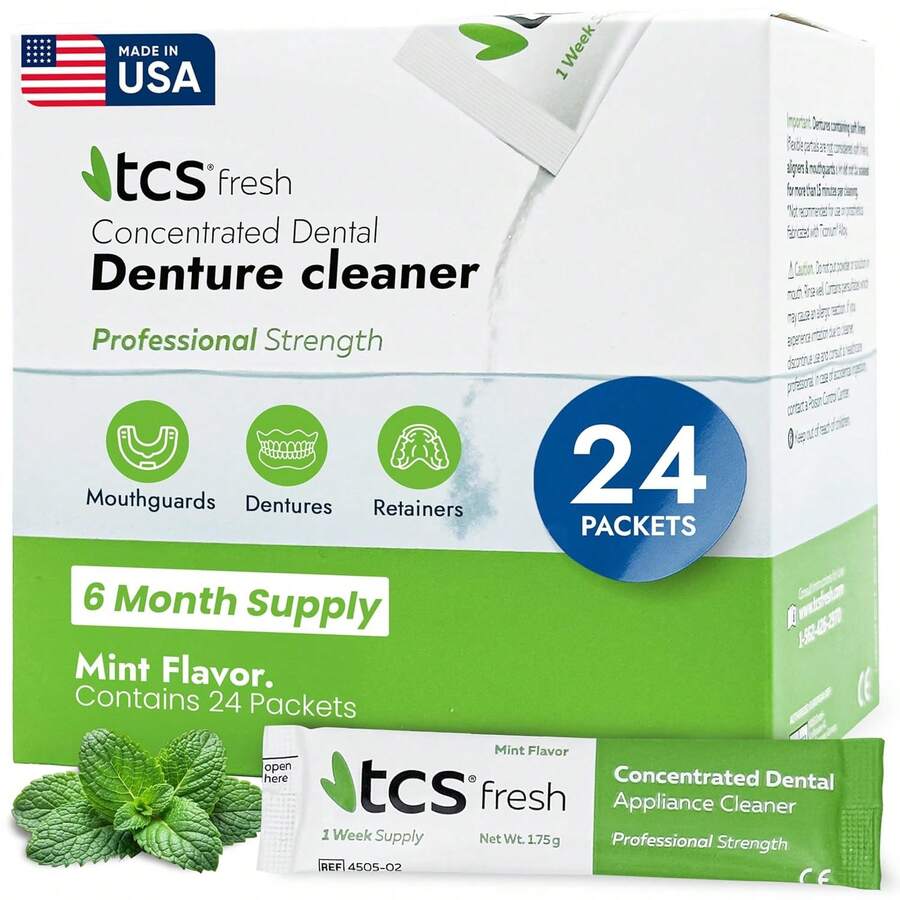 TCS Fresh Denture Cleaner – Professional Strength Concentrated Cleanser Mint Powder For Dental Cleaning – For Dentures, Night Guards, Aligners & Retainer Cleaner – 24 Packets (6 Month Supply) - 1 - 查看 1
