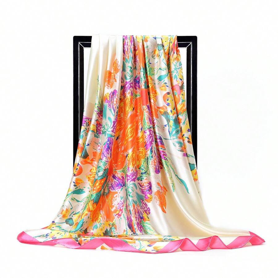 1pc Minimalist Printed Satin Square Scarf, New Spring Fashion Headscarf For Women, Can Be Used As Waistband, Bag Decoration, Ribbon, Headband Or Scarf, Ideal Choice To Enhance Your Overall Look - 米白色 - 查看 1