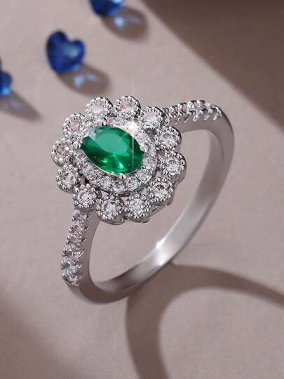 1 pieza Anillo elegante y lujoso para mujer, con forma ovalada y redonda, incrustado con decoración de circonita cúbica verde y blanca - Ideal para boda, aniversario, regalo de Navidad, cumpleaños, uso diario, fiesta