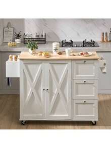 Kitchen Island Cart With Solid Wood Top, 45.3" Width Mobile Carts With Storage Cabinet, Rolling Table With Spice Rack, Towel Rack, Drop Leaf And Drawer, Portable Islands On Wheels, White - White - View 9