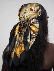 1pc Bohemian Style Paisley Print Satin Scarf, Elegant Casual Headscarf Shawl For Daily Wear, Sun Protection - Black - View 3