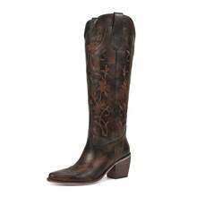 Womens Cowboy Boots Knee High Cowgirl Boots With Pointed Toe Chunky Heel Retro Vintage Floral Embroidered Pull On Tall Western Boot - 深棕色 - 查看 3
