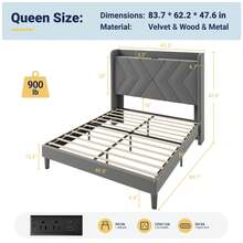 Allewie Full/Queen/King Size Platform Bed Frame With Charging Station And Storage Shelf/Upholstered Velvet Wingback Headboard/Wooden Slats Support/No Box Spring Needed/Easy Assembly, Grey - 灰色 - 查看 9