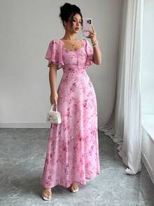 Summer Butterfly Print Mini Dress - Women's Chiffon Pleated Hem French Sweet Style - 粉色 - 查看 1