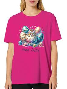Women'S Easter Egg Diamonds  Print T-Shirt - All-Season Casual Top - Gift Idea, Festive Celebration Shirt, Playful Graphic Shirt, Comfortable Fabric, Graphic Print Shirt - 玫紅色 - 查看 1