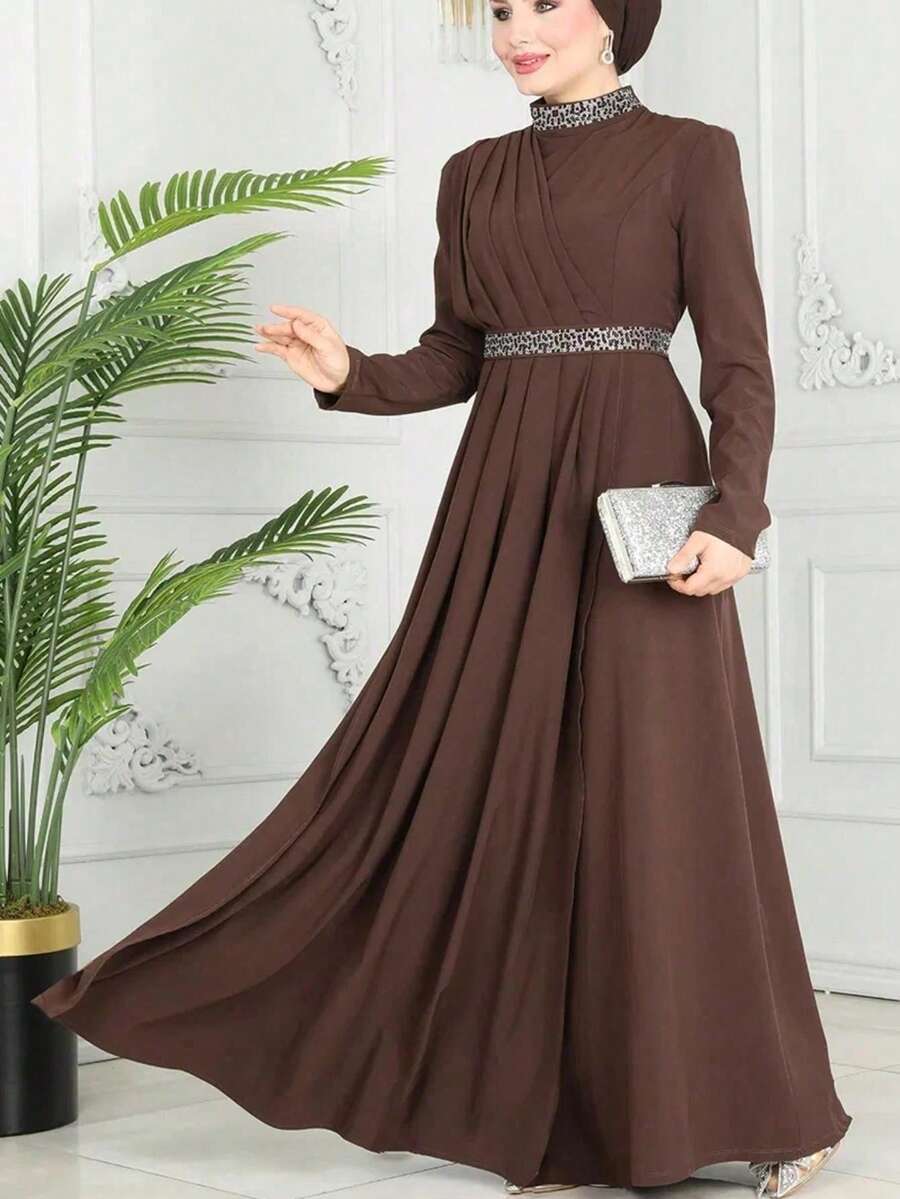 Elegant Solid Color Luxury Arabic Style Dress For Women, Waist Cinched Design Spring