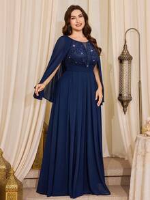 Vestido Longo de Chiffon com Decote V Profundo, Renda Floral com Lantejoulas, Bainha com Babado Contrastante, Adequado para Bailes, Festas Formais, Convidados de Casamento, Ocasiões Formais, Cerimônias de Formatura, Galas, Etc. Primavera - Azul Marinho - Visão 5