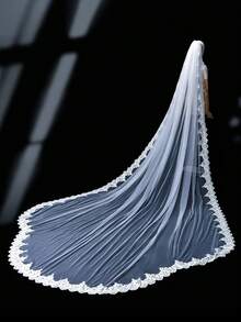 1pc 4m Luxury Lace Applique Bridal Veil, Suitable For Cathedral Wedding - Milky - View 11