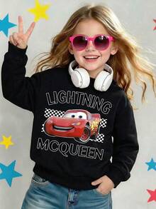Disney Cars Lightning McQueen Checkered Flag Racing Crewneck Comfortable Print Young Girls' Long Sleeve Sweatshirt, Suitable For Autumn/Winter, Lightweight And Cozy, Great For Layering In Fall, Fashionable Casual Wear, Graphic Design, Back To School Season, Autumn, Back To School Party, Suitable For Outdoor Picnic, Street Photography, Home, Campus, Holidays, New Year Gift - 黑色 - 查看 1