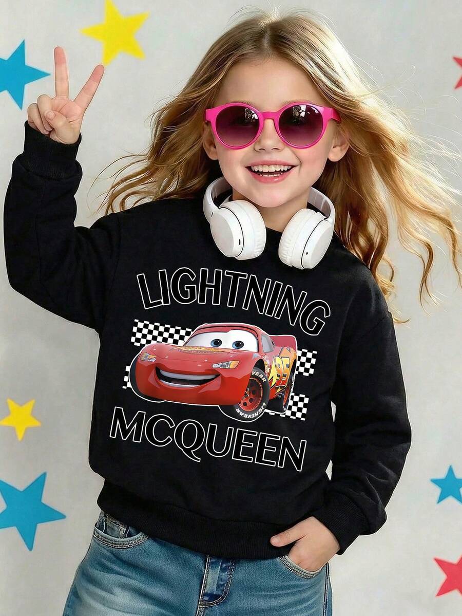Disney Cars Lightning McQueen Checkered Flag Racing Crewneck Comfortable Print Young Girls' Long Sleeve Sweatshirt, Suitable For Autumn/Winter, Lightweight And Cozy, Great For Layering In Fall, Fashionable Casual Wear, Graphic Design, Back To School Season, Autumn, Back To School Party, Suitable For Outdoor Picnic, Street Photography, Home, Campus, Holidays, New Year Gift - 黑色 - 查看 1