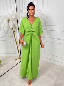 Amarilo Long Woven Fabric Dress, Deep V-Neck, Button Front, Batwing 3/4 Sleeves, Arabic Style - Green - View 6