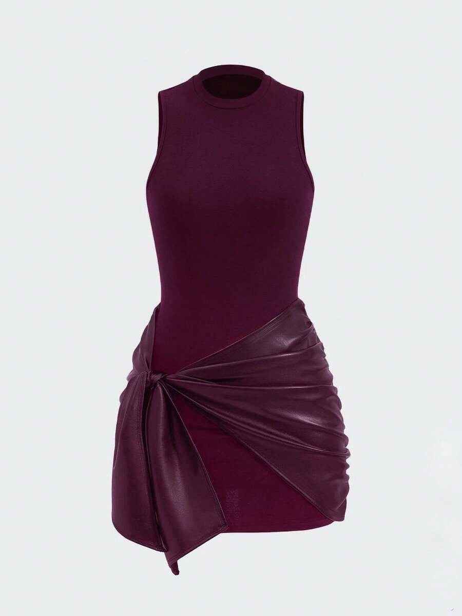 Vestido mini de un solo color sin mangas + Conjunto de 2 piezas con decoración de nudo de PU, vestido elegante de un solo color con volantes en el bajo para el verano - Burdeos - Ver 1