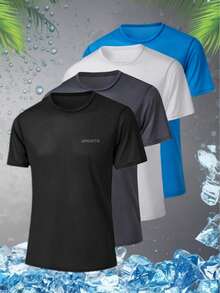 Men's Fitness Quick-Dry Elastic Sportswear, Casual Workout Solid Color Short Sleeve Top, Running Black - Black - View 8