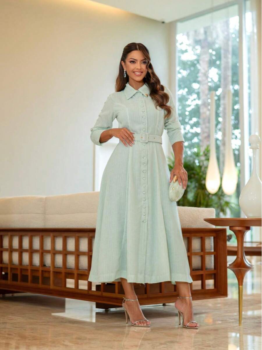Luxury Ribbed Dress, Casual And Elegant Fabric, With Belt, Button, Pocket, Modest Fashion, Formal And Evening Wedding, Summer - Verde - Ver 1