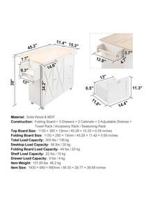 Kitchen Island Cart With Solid Wood Top, 45.3" Width Mobile Carts With Storage Cabinet, Rolling Table With Spice Rack, Towel Rack, Drop Leaf And Drawer, Portable Islands On Wheels, White - White - View 7