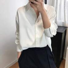 大码女式纯色休闲宽松长袖白色衬衫，春夏款 - 白色 - 查看 3