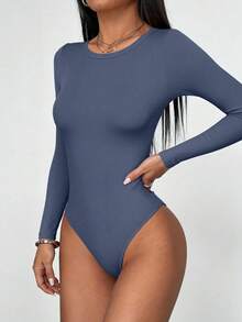 PRETTYGARDEN Women Spring Bodysuits For Long Sleeve Shirts Fitted Basic Ribbed Layering Bodys Tops Fall Fashion Winter Clothes Gray Blue Vacation Rompers Outfits For Women - 灰藍色 - 查看 4