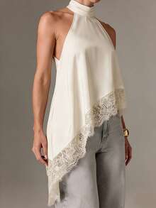 Áo hai dây màu đen dành cho nữ, vạt áo bất đối xứng, thiết kế hở lưng, viền ren tương phản, chiều dài tiêu chuẩn, thích hợp cho mùa hè. - Màu be - Xem 5