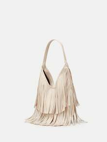 时尚流苏手提包，纯色柔软皮革个性化时尚单肩包，女士 - 白色 - 查看 5