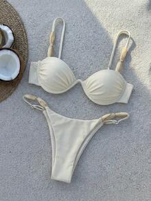 Bikinx Elegant Women's Spaghetti Strap Bikini With Beaded Backless Design High Cut Bottom High Stretch Fabric - Beige - View 2