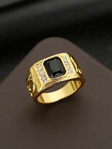 1枚男士时尚奢华个性化黑色锆石戒指，婚礼订婚派对珠宝礼物 - 金色 - 查看 4