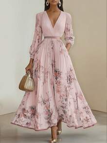 Vestido elegante de estilo intelectual con estampado largo para vacaciones - Azul - Ver 3